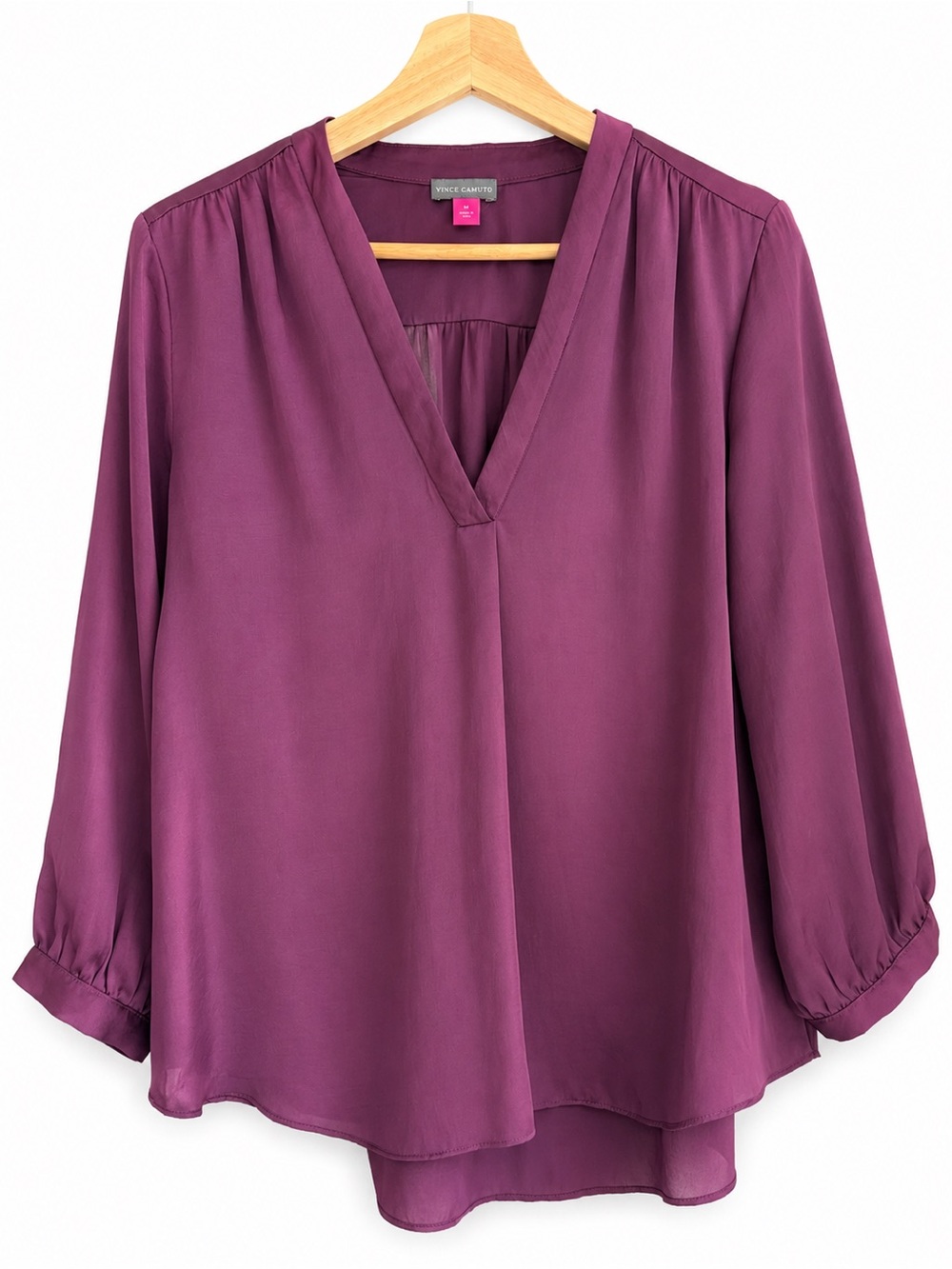 Vince Camuto Purple Satin-Feel V-Neck Blouse Size M Office Classic